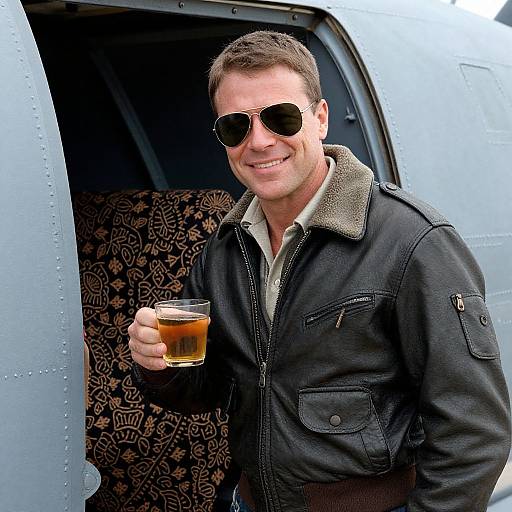 Man in Pilot Jacket Holding Tea by Airwolf Helicopter