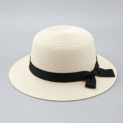 Photograph of a white, woven straw hat with a black ribbon and bow, centered on a plain light blue background.