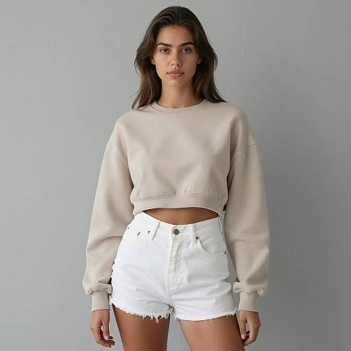 Young Woman in Casual Cropped Sweatshirt and White Shorts