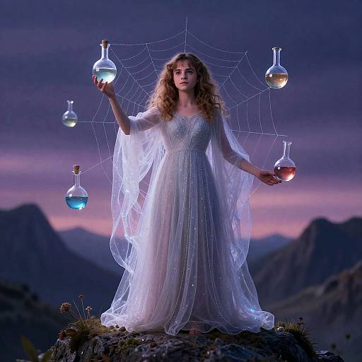 Photograph of a curly-haired woman in a glowing white dress holding glowing glass bottles, standing on a rock with a spiderweb, against a twilight mountain