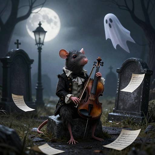 Melancholy Minstrel Rat on Crooked Gravestone
