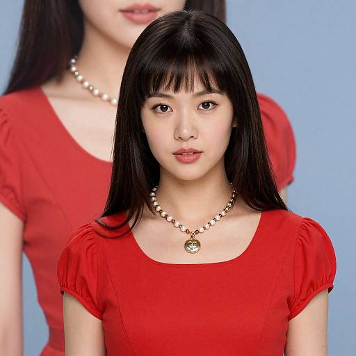Digital portrait of an East Asian woman with long black hair, wearing a red dress and pearl necklace, set against a light blue background.