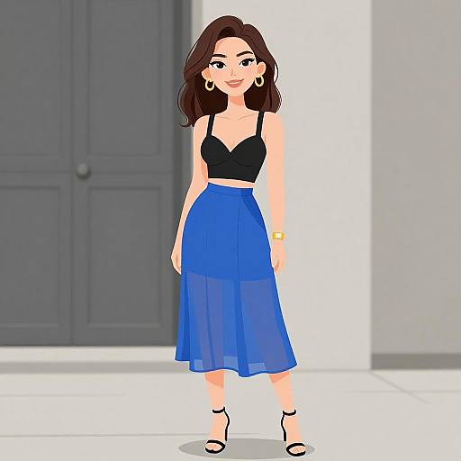 Digital illustration of a smiling woman with wavy brown hair, wearing a black crop top, blue sheer skirt, gold hoop earrings, and black sandals,