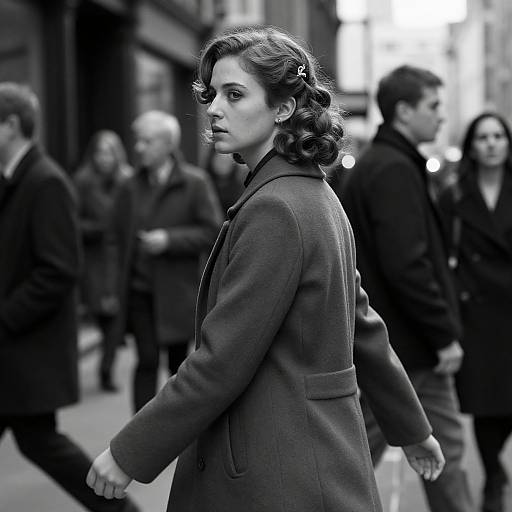 Black-and-white photograph of a serious woman with wavy hair in a 1940s-style coat, walking past blurred, dressed men on a city