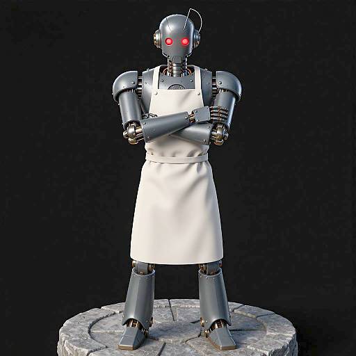Humanoid Robot in Apron Standing on Stone Platform