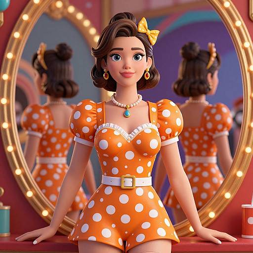 CGI image of a cute, young woman with brown hair in a yellow bow, wearing an orange polka-dot dress with white trim, reflected in