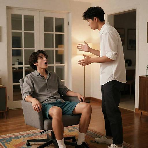 Surprised Friends in Cozy Living Room