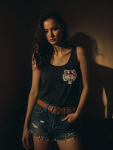 Woman in Tiger Print Tank Top and Distressed Denim Shorts