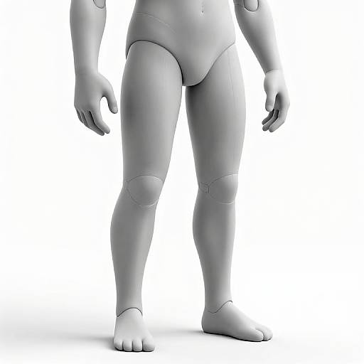 Photorealistic digital rendering of a gray humanoid robot's lower torso and legs, featuring jointed arms and legs, standing against a white background.