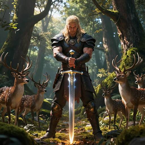 Blonde Warrior with Glowing Sword in Mystical Forest
