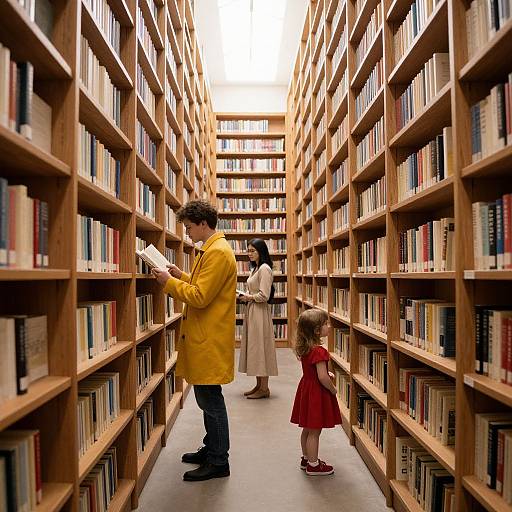 Photograph of a library aisle with wooden bookshelves, a man in a yellow coat reading, a woman in beige, and a girl in a