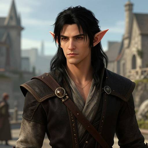 CGI fantasy image of a handsome, dark-haired elf with pointed ears, wearing a dark, medieval-style shirt and leather shoulder strap, standing in a