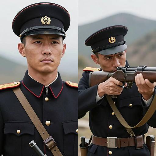 Asian Soldier in Traditional Military Uniform with Rifle