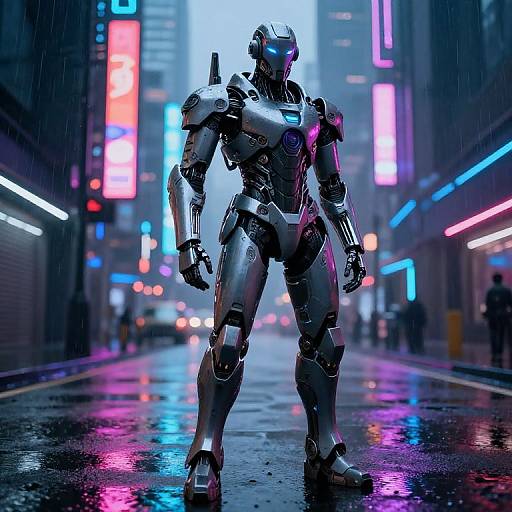 Photorealistic CGI of a sleek, silver humanoid robot with glowing blue eyes standing in a neon-lit, rainy city street.