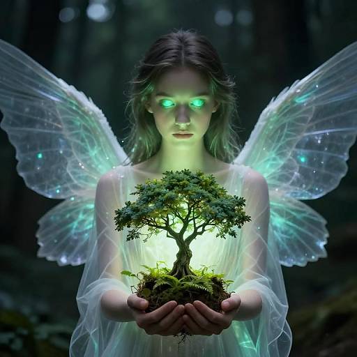Digital artwork of a fairy with glowing green eyes, translucent wings, holding a luminous, moss-covered tree in a dark forest.