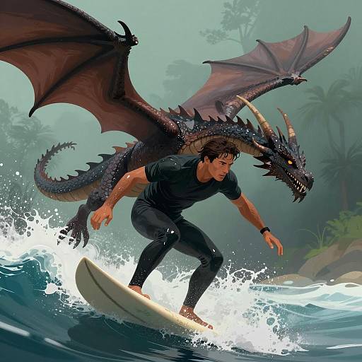 Surfer and Dragon in Mystic Waves