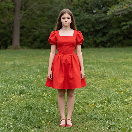 Photograph of a young girl with straight brown hair, wearing a bright red puffed-sleeve dress and red shoes, standing on a grassy