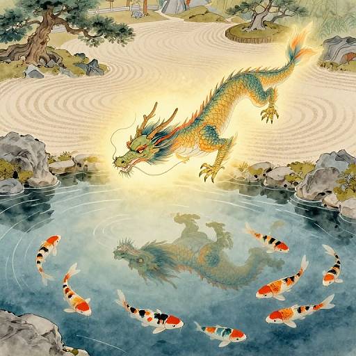 Digital illustration of a vibrant, green and yellow dragon soaring above a tranquil pond, with six orange and white koi fish below, surrounded by rocks and