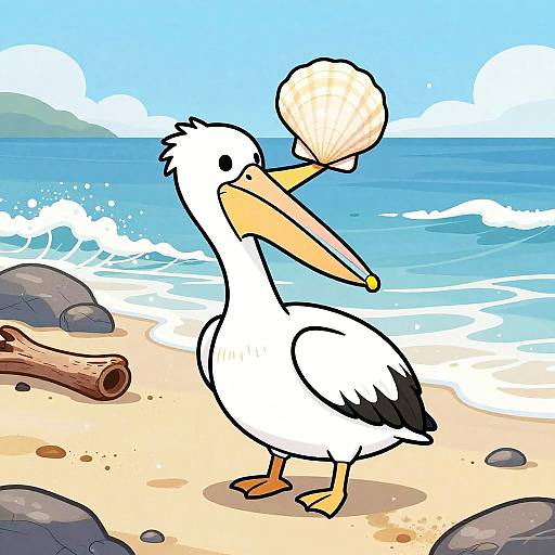 Cheerful Cartoon Pelican by Shore