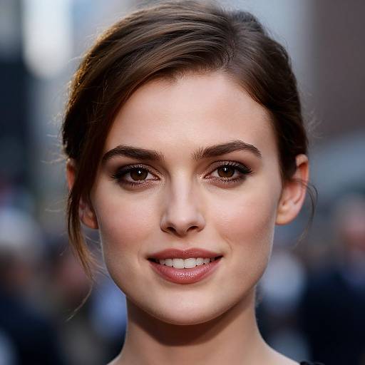 Photograph of a young woman with fair skin, brown eyes, and dark brown hair in a side part, smiling softly, with a blurred urban background