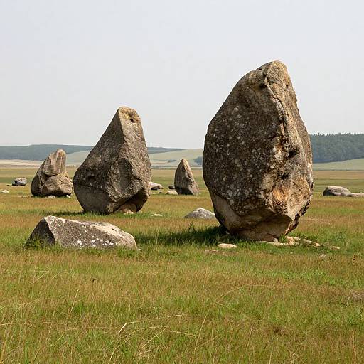 Photograph of a grassy field with large, weathered rock formations scattered across the landscape under a clear, bright sky.
