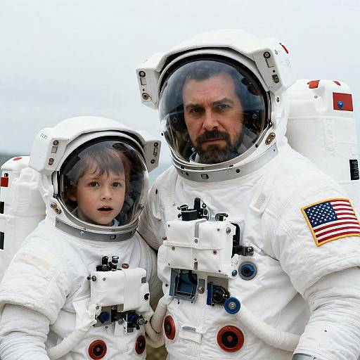 Adult and Child Astronauts in Space Suits