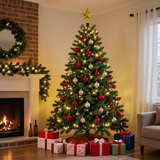 Photograph of a decorated Christmas tree with red and white ornaments, yellow lights, star topper, surrounded by wrapped gifts and wreaths in a cozy