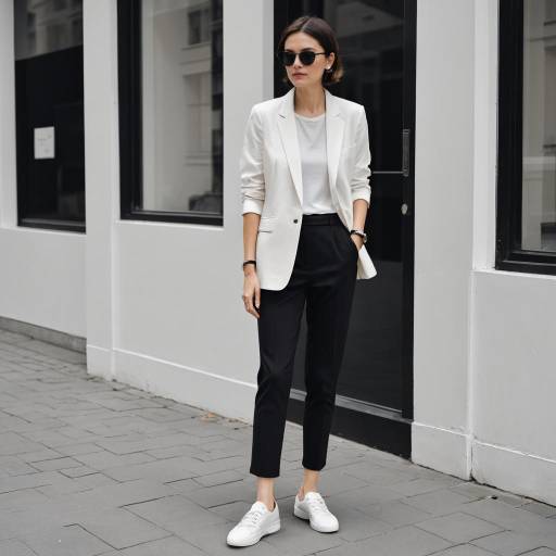 Petite woman in minimalist monochrome outfit