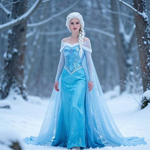 Photograph of a fair-skinned woman in an icy blue, off-shoulder, long-sleeved Elsa-inspired gown, standing in a snowy