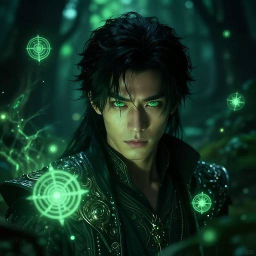 Photorealistic CGI of a dark-haired, green-eyed man with glowing green magical rings floating around him, wearing ornate black armor, in a mystical