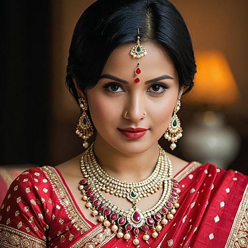 Indian Woman in Red Saree with Traditional Jewelry