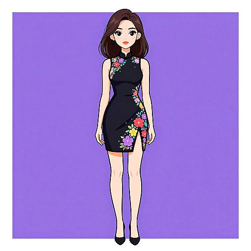 Digital anime-style drawing of a young woman with fair skin, brown shoulder-length hair, wearing a black floral dress and black heels, standing against a solid