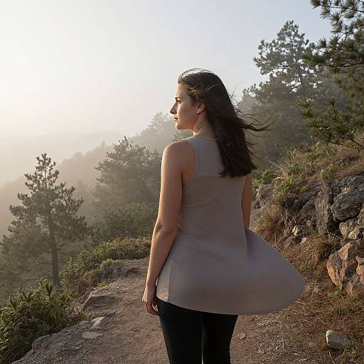 Photograph of a woman with long dark hair, wearing a sleeveless gray top and black pants, standing on a rocky mountain trail with sunlit pine