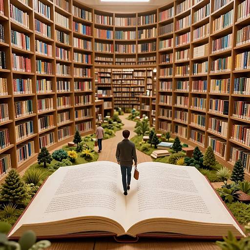 Digital art of a person standing on an enormous open book in a grand library, surrounded by bookshelves and small green plants.