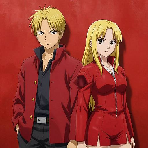 Digital anime-style drawing of a blond man and woman with red jackets, black shirts, and serious expressions against a red background.