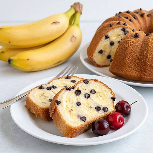 Photograph of banana bread slices with chocolate chips, served on a white plate with two red cherries, beside a bunch of bananas and a whole loaf