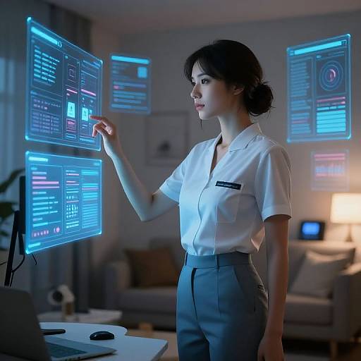 Photograph of a focused Asian woman in a white blouse and gray pants, interacting with holographic blue screens in a modern, dimly lit living room