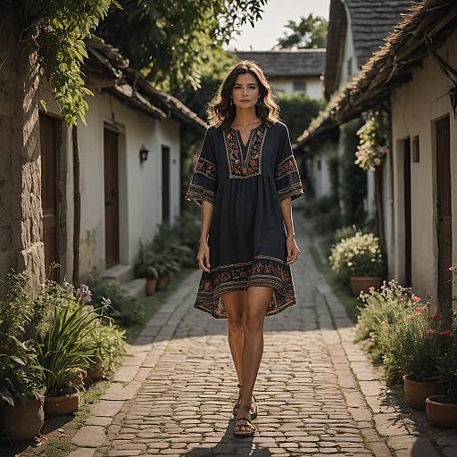 Woman in Embroidered Tunic Dress Walking on Cobblestone Path