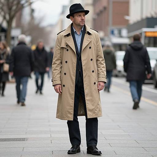 Photograph of a man in a black fedora, beige trench coat, black shirt, and pants, standing on a city sidewalk with blurred pedestrians in