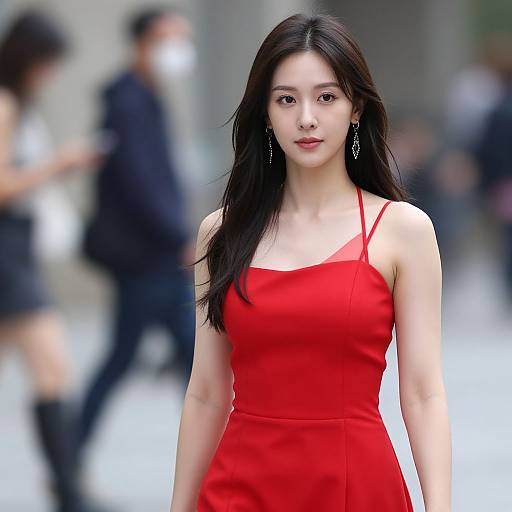 Photograph of an East Asian woman with long black hair in a vibrant red, sleeveless dress, standing confidently in a blurred urban setting with blurred pedestrians