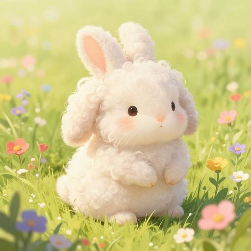 Curly Haired Bunny in Sunlit Meadow