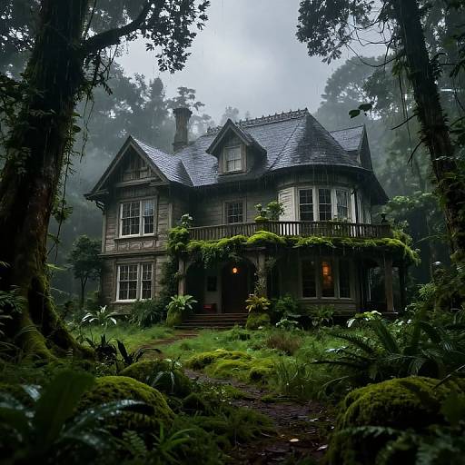 Mysterious, foggy forest scene of a dark, moss-covered, Victorian-style mansion with steep roofs and windows, surrounded by dense, lush greenery