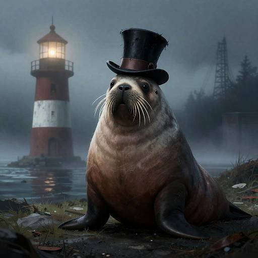 Somber Walrus in Derelict Fogbound Lighthouse