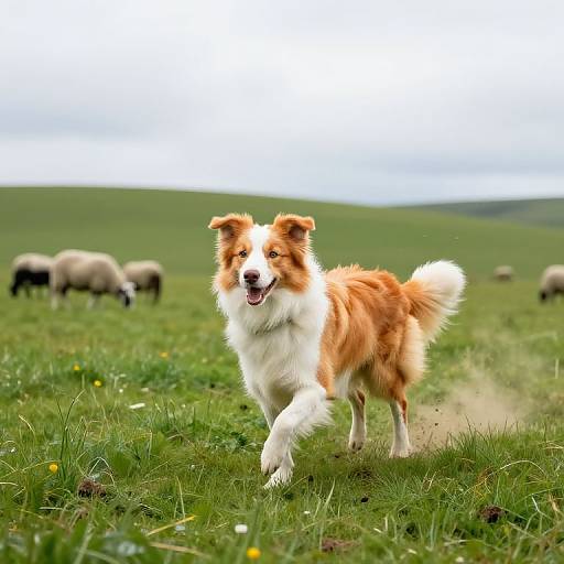Photograph of a joyful, red-and-white Border Collie running through a green grassy field with sheep grazing in the background.