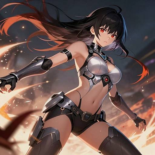 Digital anime-style artwork of a fierce, black-haired, red-eyed female warrior with glowing red highlights in her hair, wearing metallic armor and black shorts,