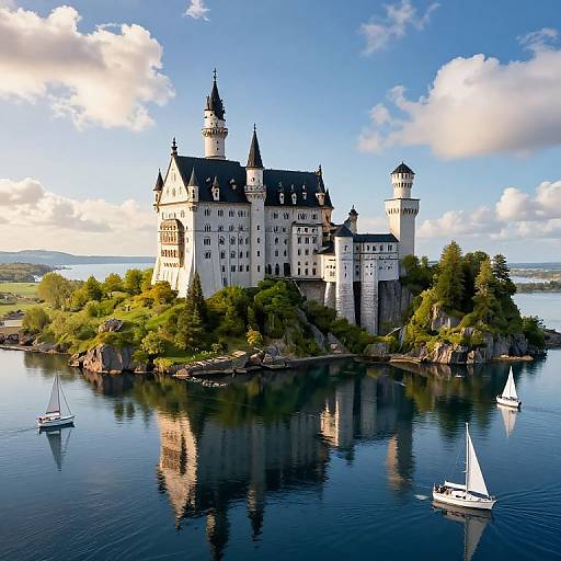 Photograph of a picturesque, white, castle-like medieval fortress with multiple towers, surrounded by lush greenery, reflecting in a calm blue lake with two