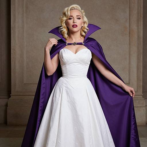 Photograph of a blonde woman with curly hair, wearing a white strapless wedding dress and a purple vampire cape, standing in a stone-walled background