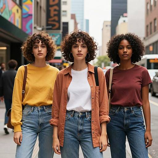 Photograph of three young women with curly hair, standing on a busy city street. They wear yellow, white, and maroon tops with high-w