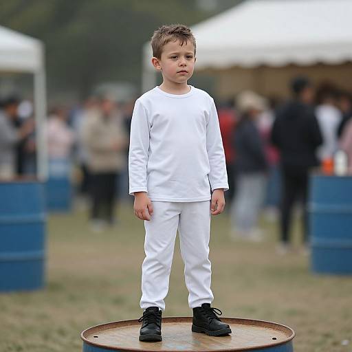 Photograph of a serious young boy in white long-sleeve shirt and pants, black boots, standing on a metal plate in an outdoor event with