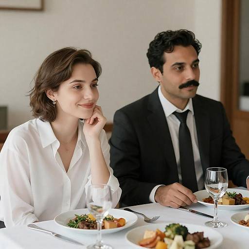 Smiling Couple Seated at Dinner Table